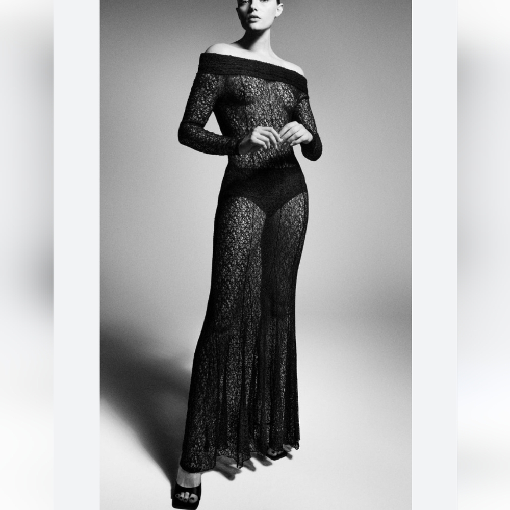Zara Black Lace Off-Shoulder Maxi Dress